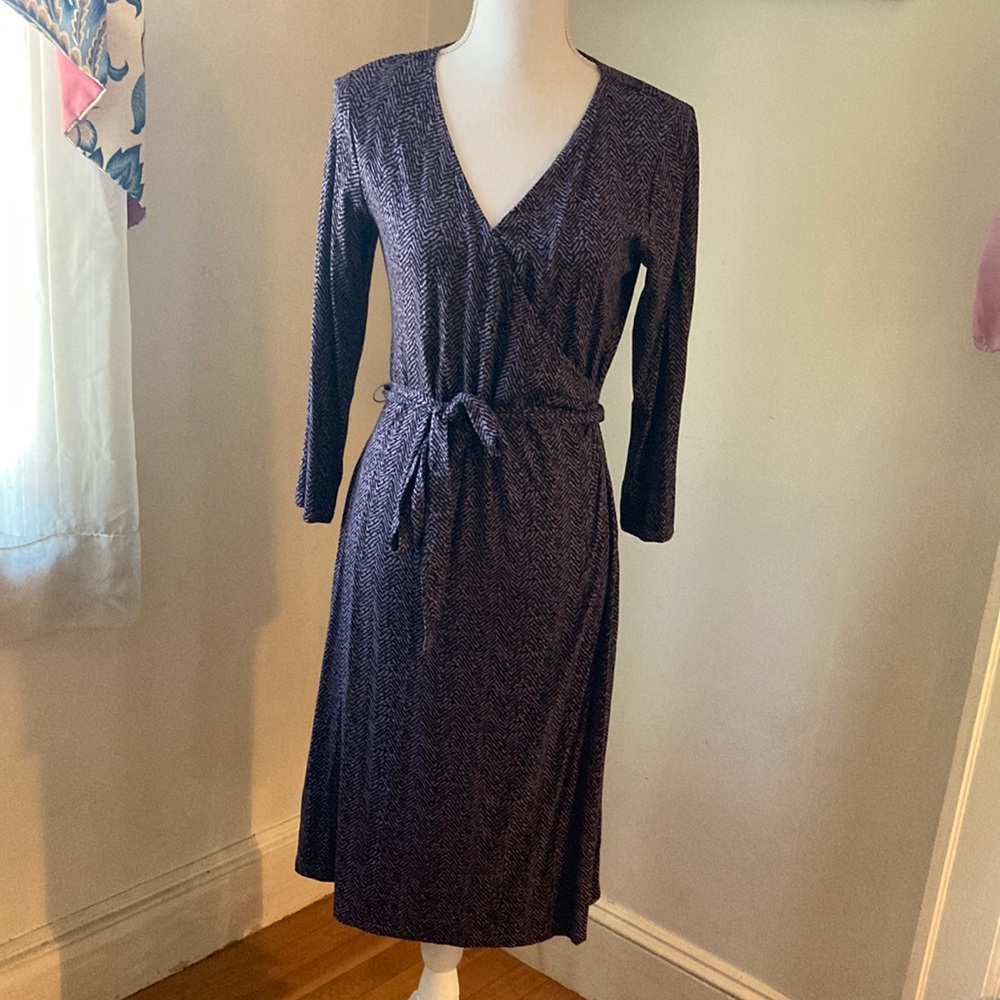 Talbots Purple with Black Zig Zag Design Belted Dress